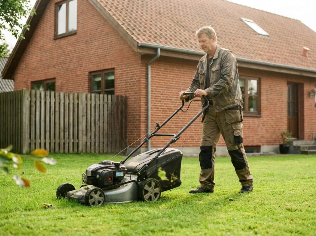 Hjælper slår græs foran rød murstensvilla