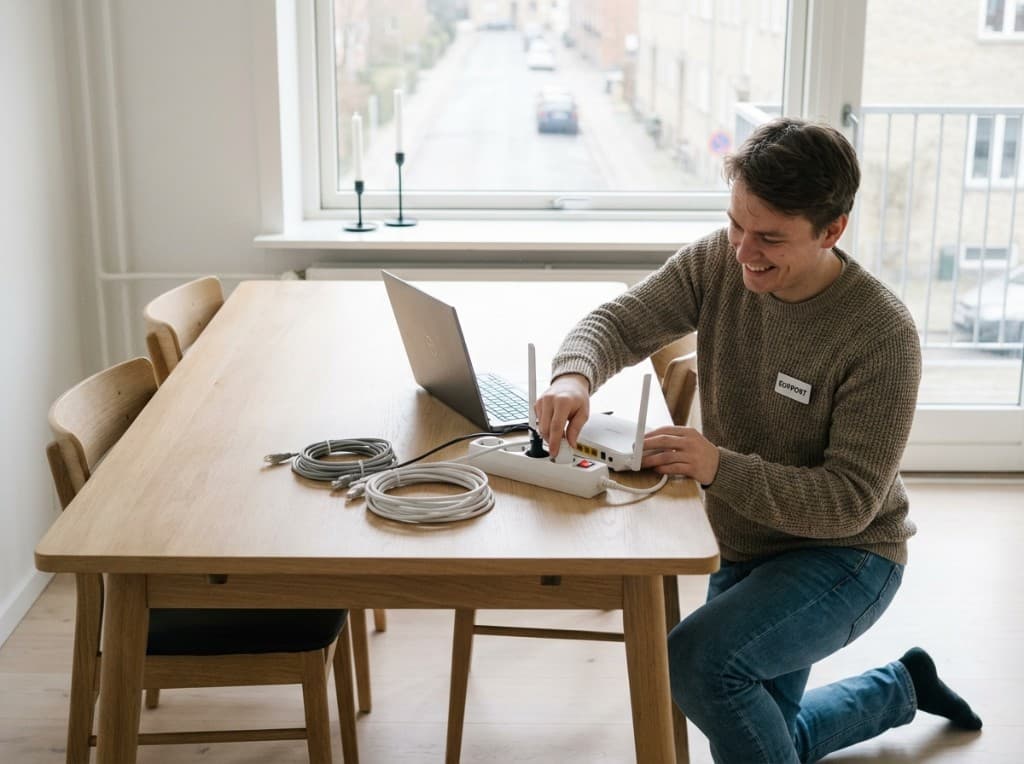 Hjælper opsætter router og udstyr ved spisebord