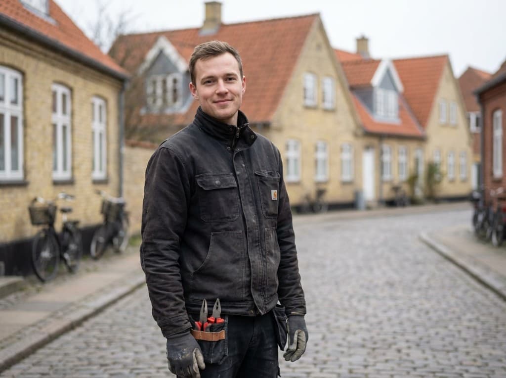 Hjælper i arbejdsjakke på brostensgade med gule huse i baggrunden