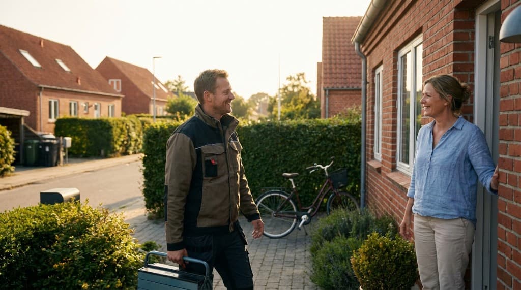 Hjælper med værktøjskasse hilser på kvinde i døråbning ved rød murstensvilla i solskin